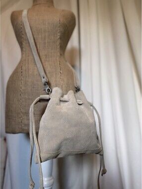 FREE PEOPLE Bag Billie Mineral Beige Suede Crossbody Sling Drawstring Adjustable